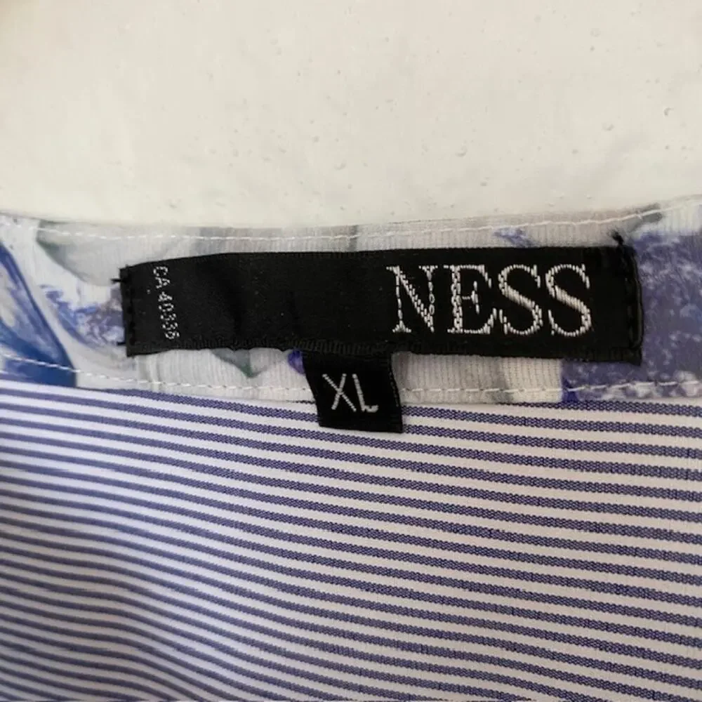 Ness Tunic Button Down Cut‎ Collar Roll Tab Sleeves Striped Floral Women's XL - Picture 4 of 13